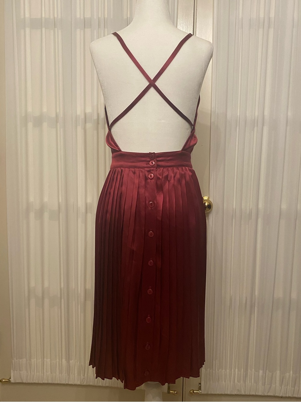 Vintage Eileen West 100% Silk Burgundy Wine Pleated Midi Dress Backless Sz S - Picture 5 of 9
